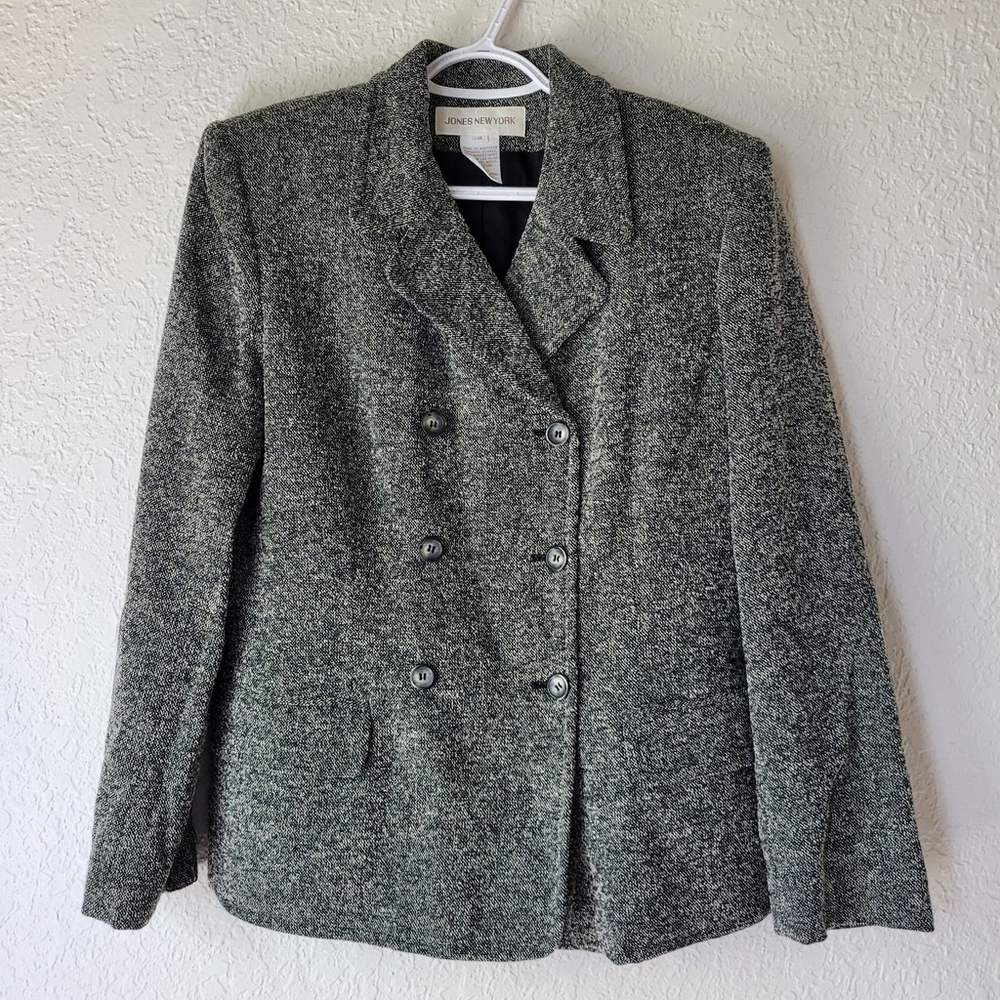 Jones New York Wool Women’s Blazer Jacket Size 8 Peacoat Grey Tweed.